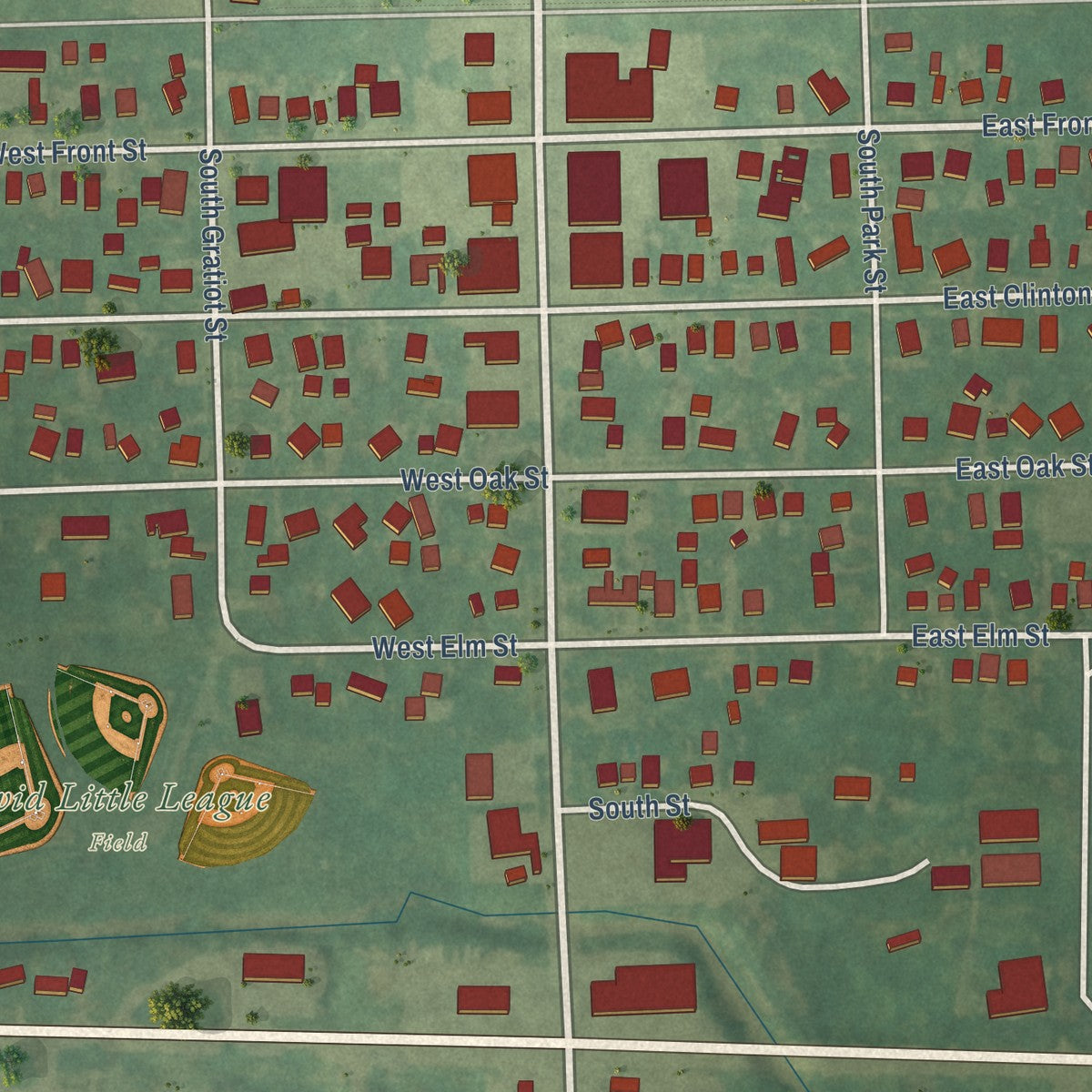 Close-up of the map of Ovid, Michigan print showing street and building detail