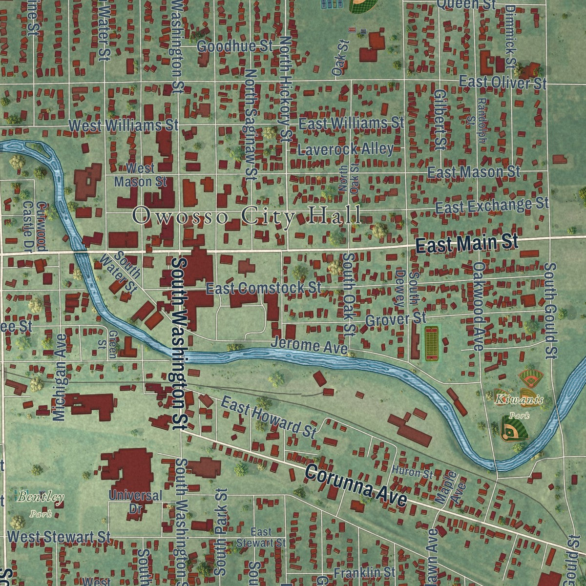 Close-up of the map of Owosso, Michigan print showing street and building detail