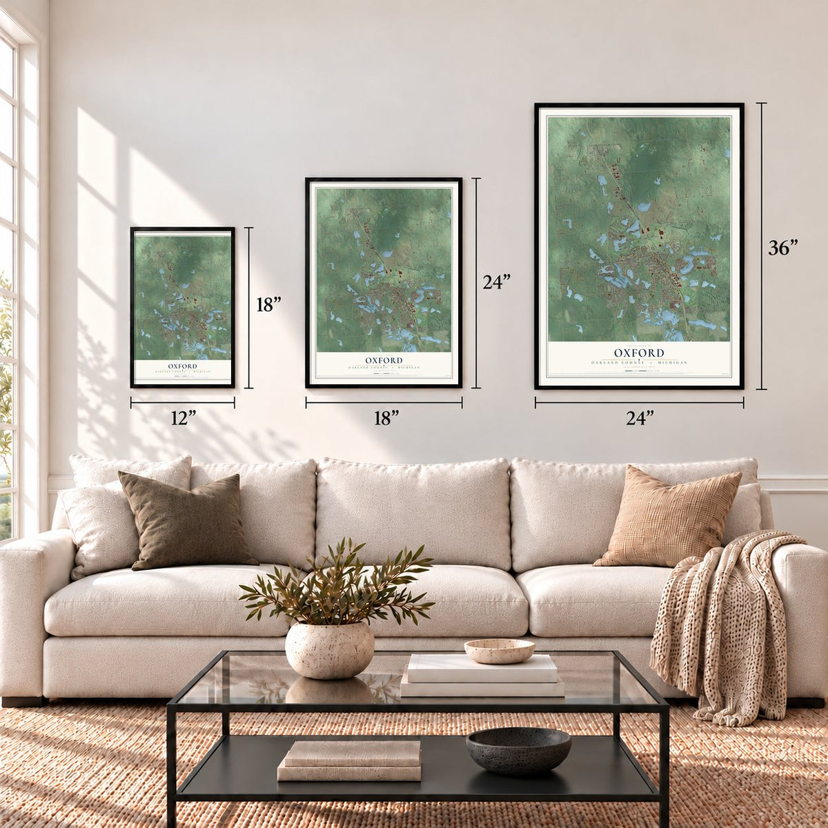 Oxford, Oakland County, Michigan map in 12 x 18, 18 x 24 and 24 x 36 inch sizes above a sofa