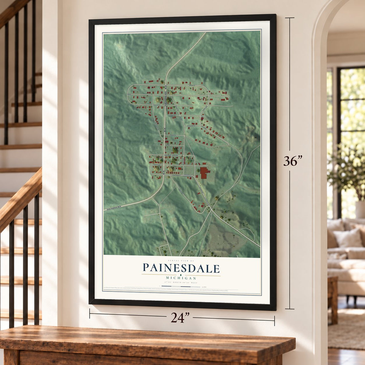 Painesdale, Michigan map, 24 x 36 inch print in a black frame by a staircase