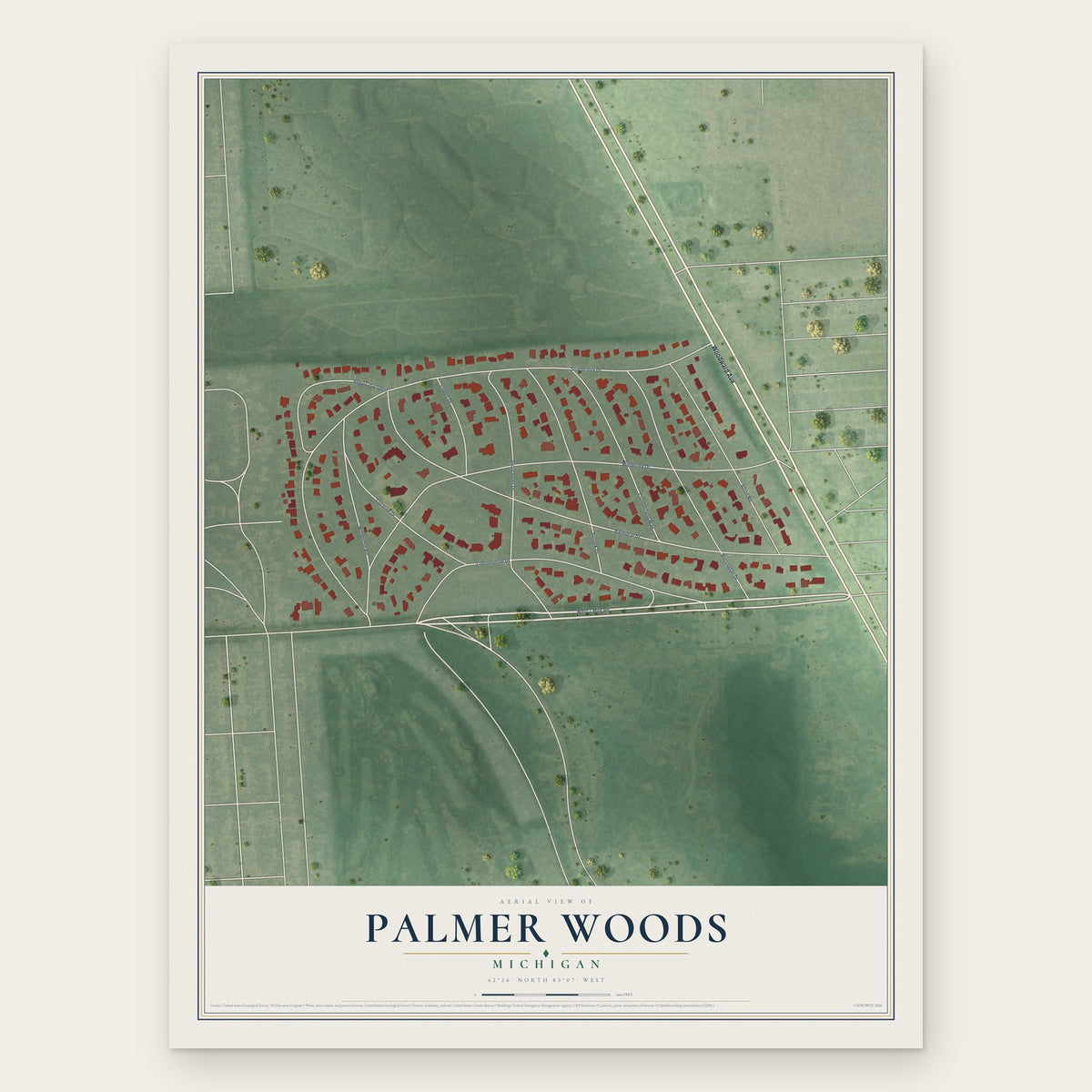 Palmer Woods, Michigan map print, the full design