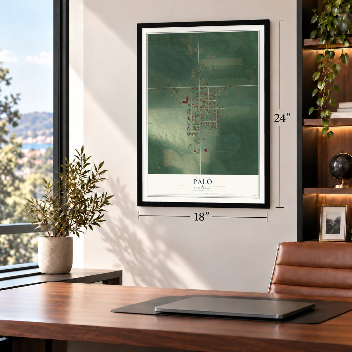 Palo, Michigan map, 18 x 24 inch print in a black frame in a home office