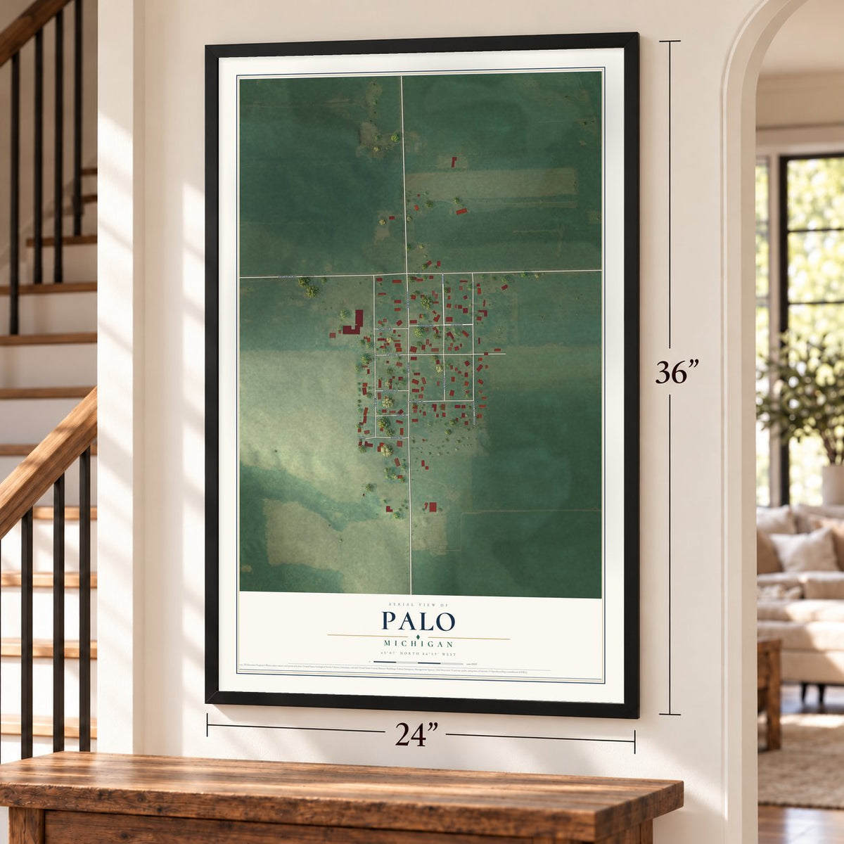Palo, Michigan map, 24 x 36 inch print in a black frame by a staircase