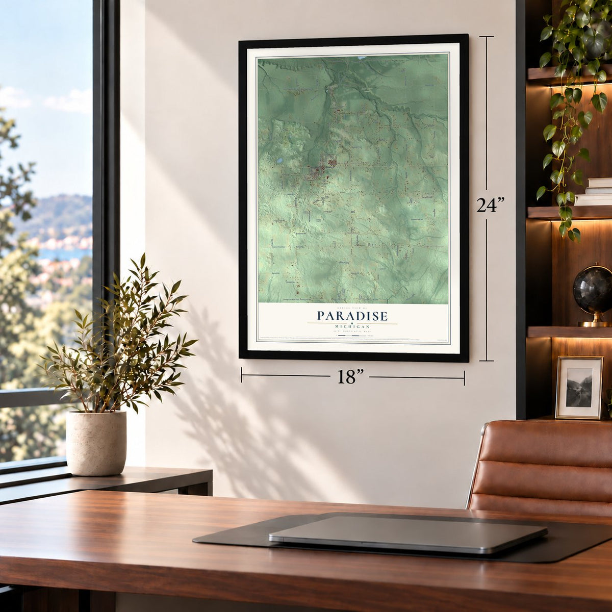 Paradise, Michigan map, 18 x 24 inch print in a black frame in a home office