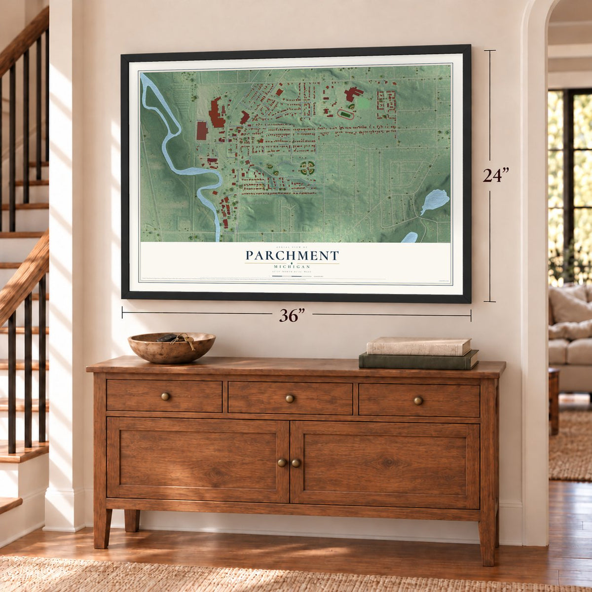 Parchment, Michigan map, 24 x 36 inch print in a black frame above a dresser by a staircase