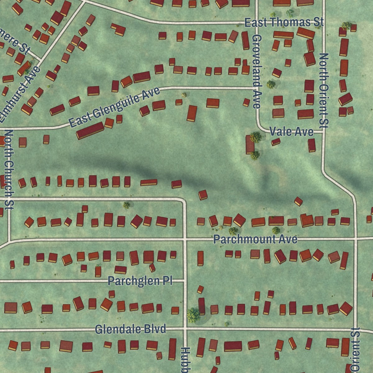 Close-up of the map of Parchment, Michigan print showing street and building detail