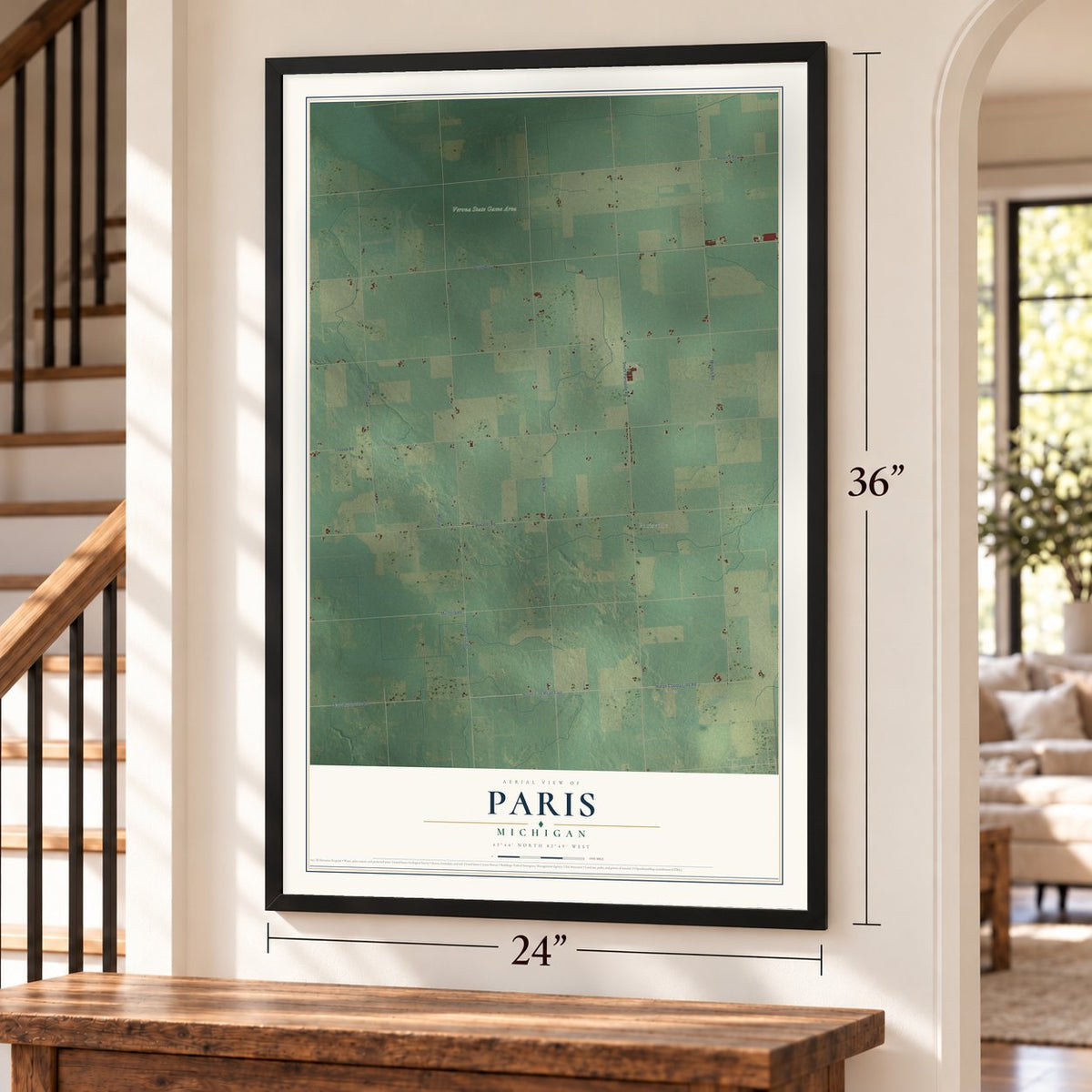 Paris, Michigan map, 24 x 36 inch print in a black frame by a staircase