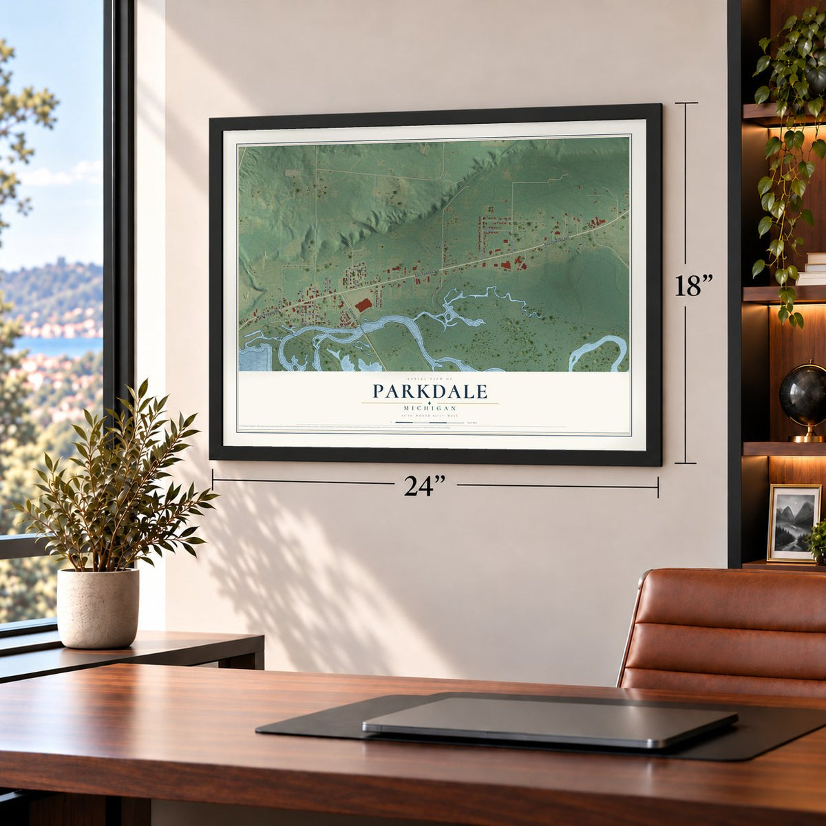Parkdale, Michigan map, 18 x 24 inch print in a black frame in a home office