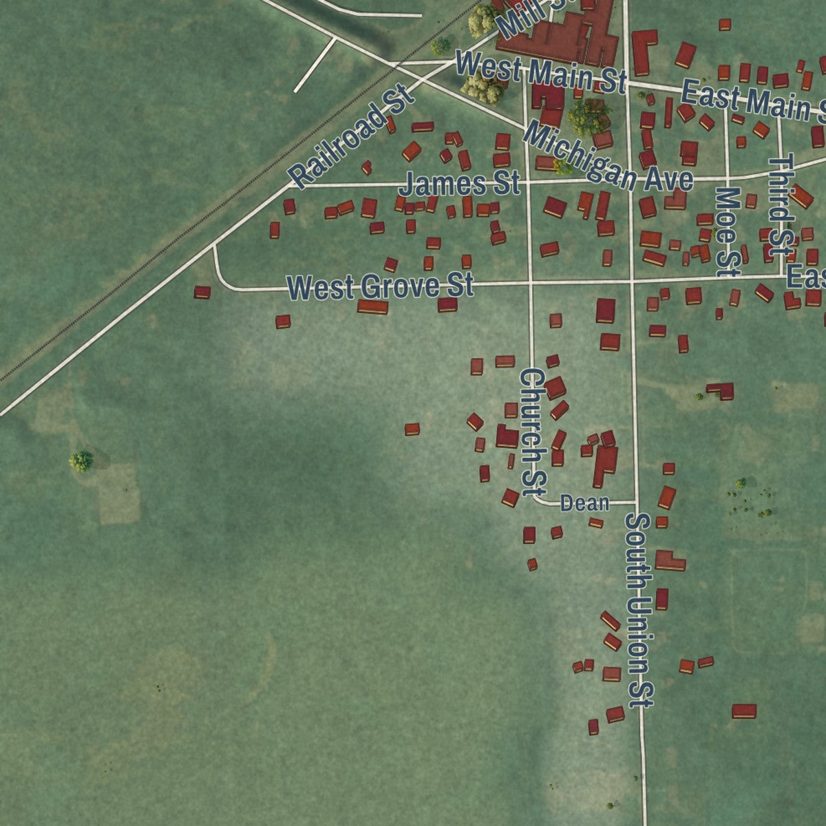 Close-up of the map of Parma, Michigan print showing street and building detail
