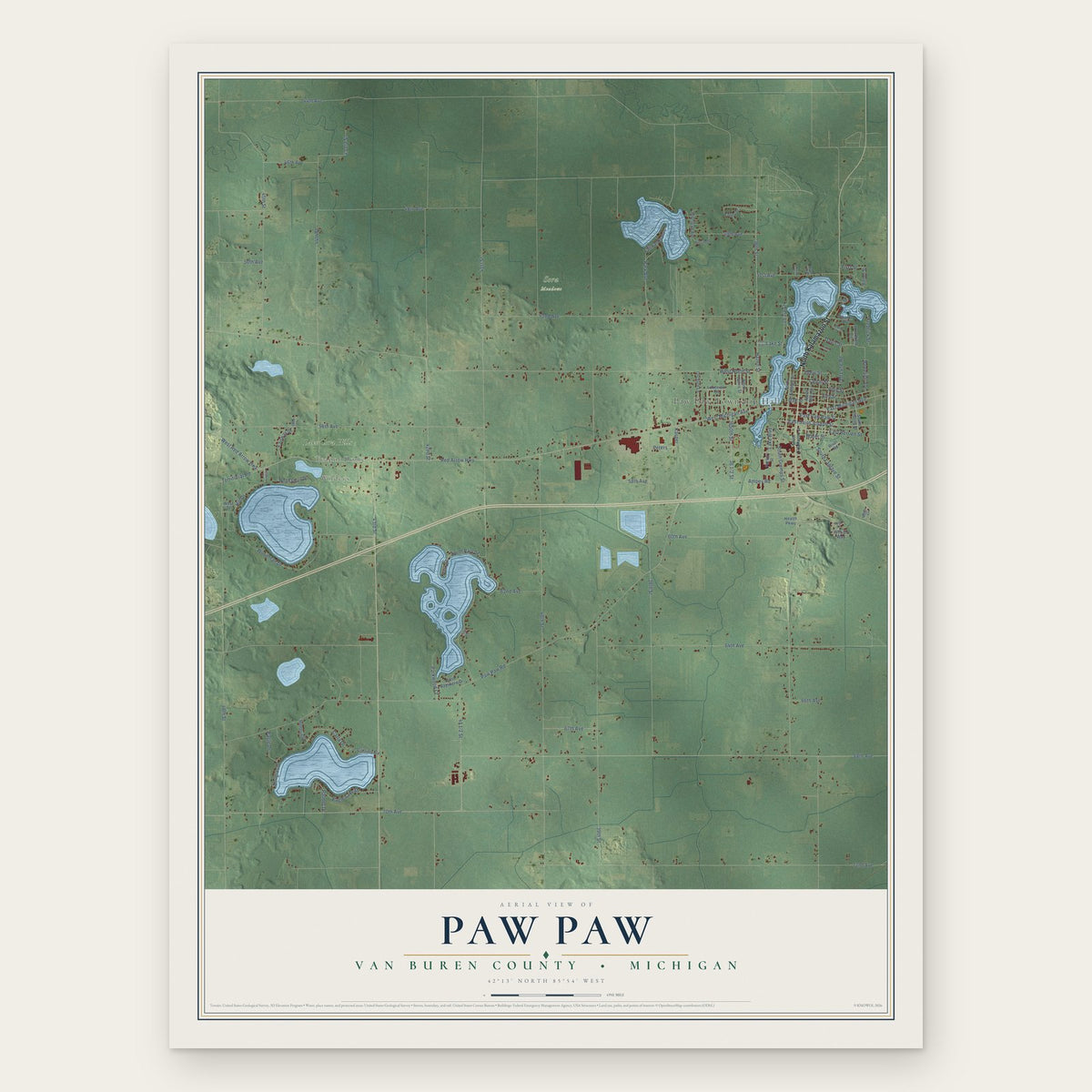 Paw Paw, Van Buren County, Michigan map print, the full design