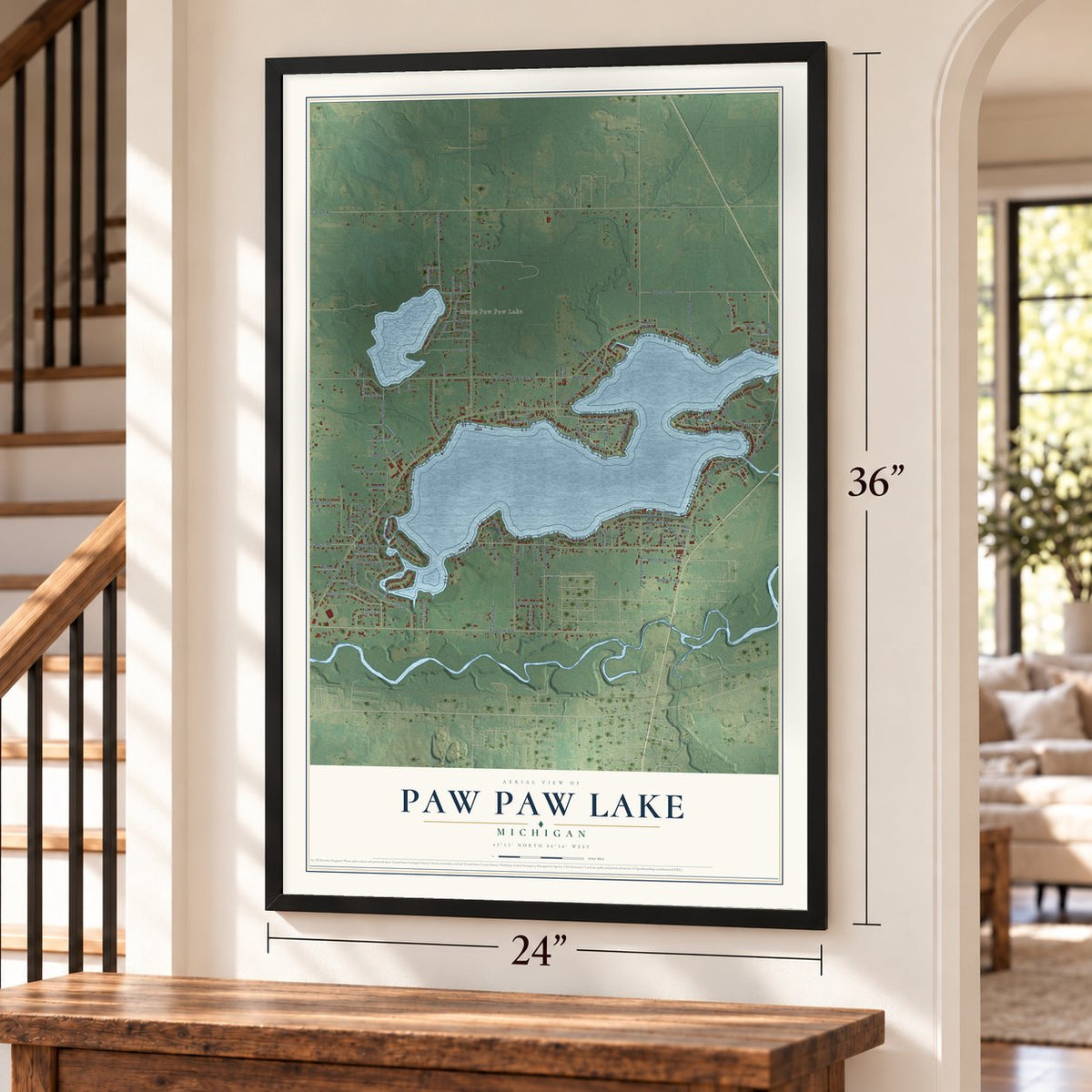 Paw Paw Lake, Michigan map, 24 x 36 inch print in a black frame by a staircase