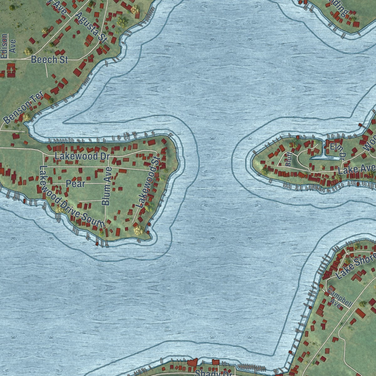 Close-up of the map of Paw Paw Lake, Michigan print showing street and building detail