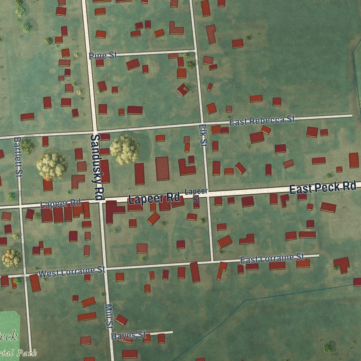 Close-up of the map of Peck, Michigan print showing street and building detail