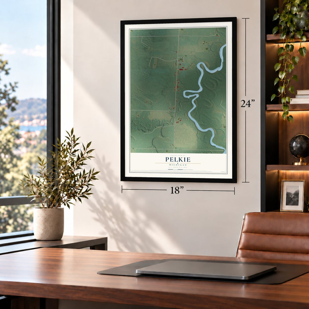 Pelkie, Michigan map, 18 x 24 inch print in a black frame in a home office