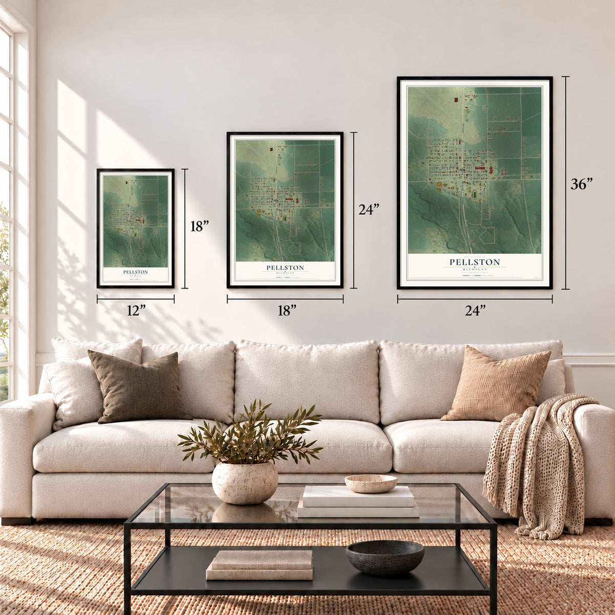 Pellston, Michigan map in 12 x 18, 18 x 24 and 24 x 36 inch sizes above a sofa