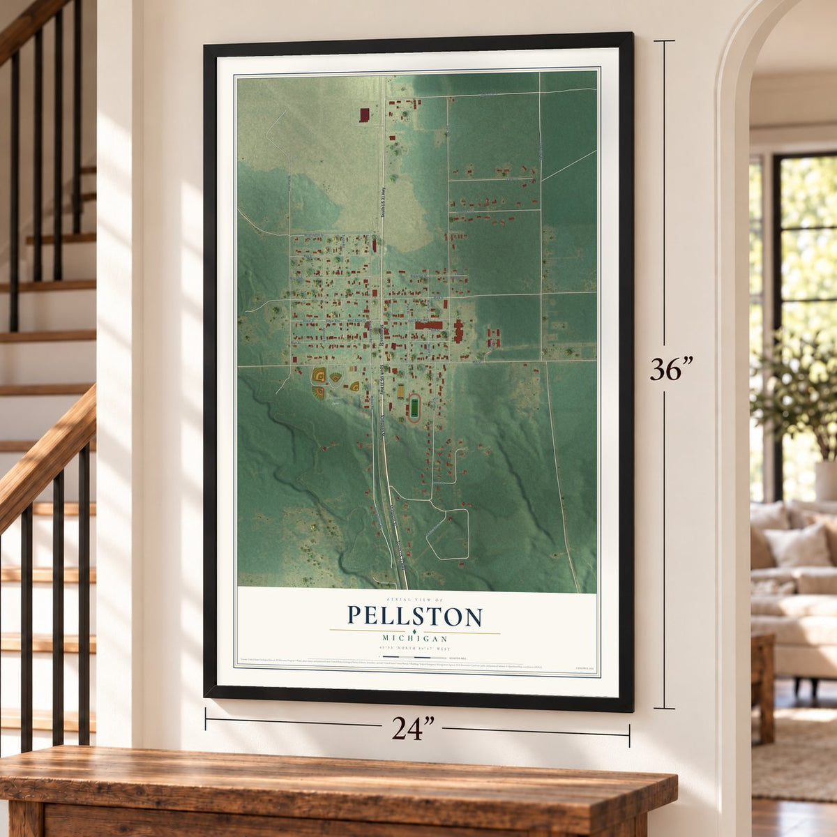 Pellston, Michigan map, 24 x 36 inch print in a black frame by a staircase