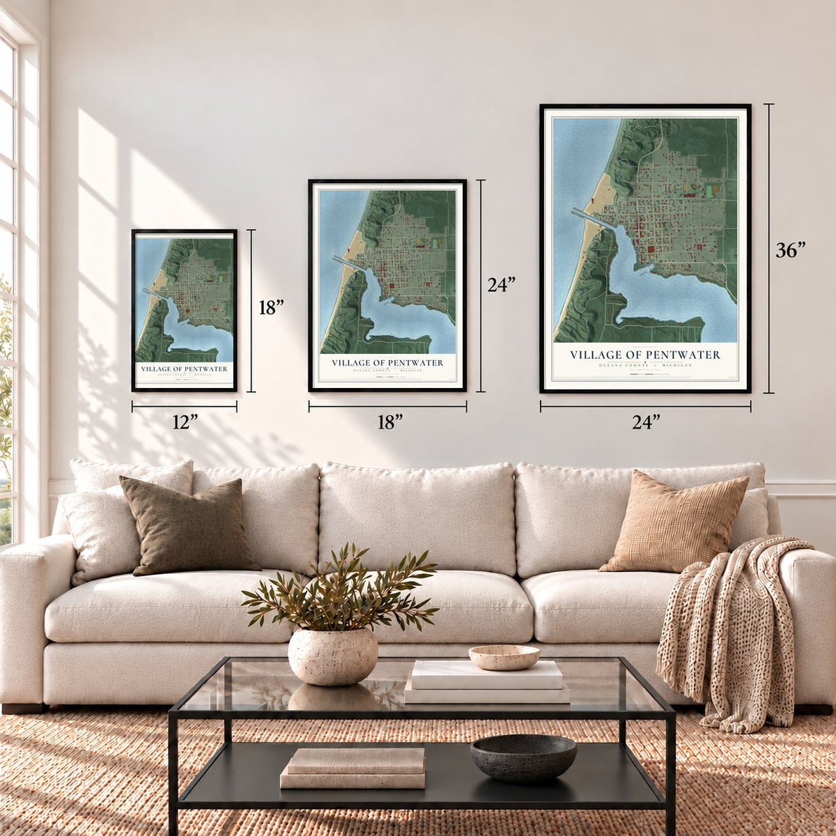Pentwater, Michigan map in 12 x 18, 18 x 24 and 24 x 36 inch sizes above a sofa