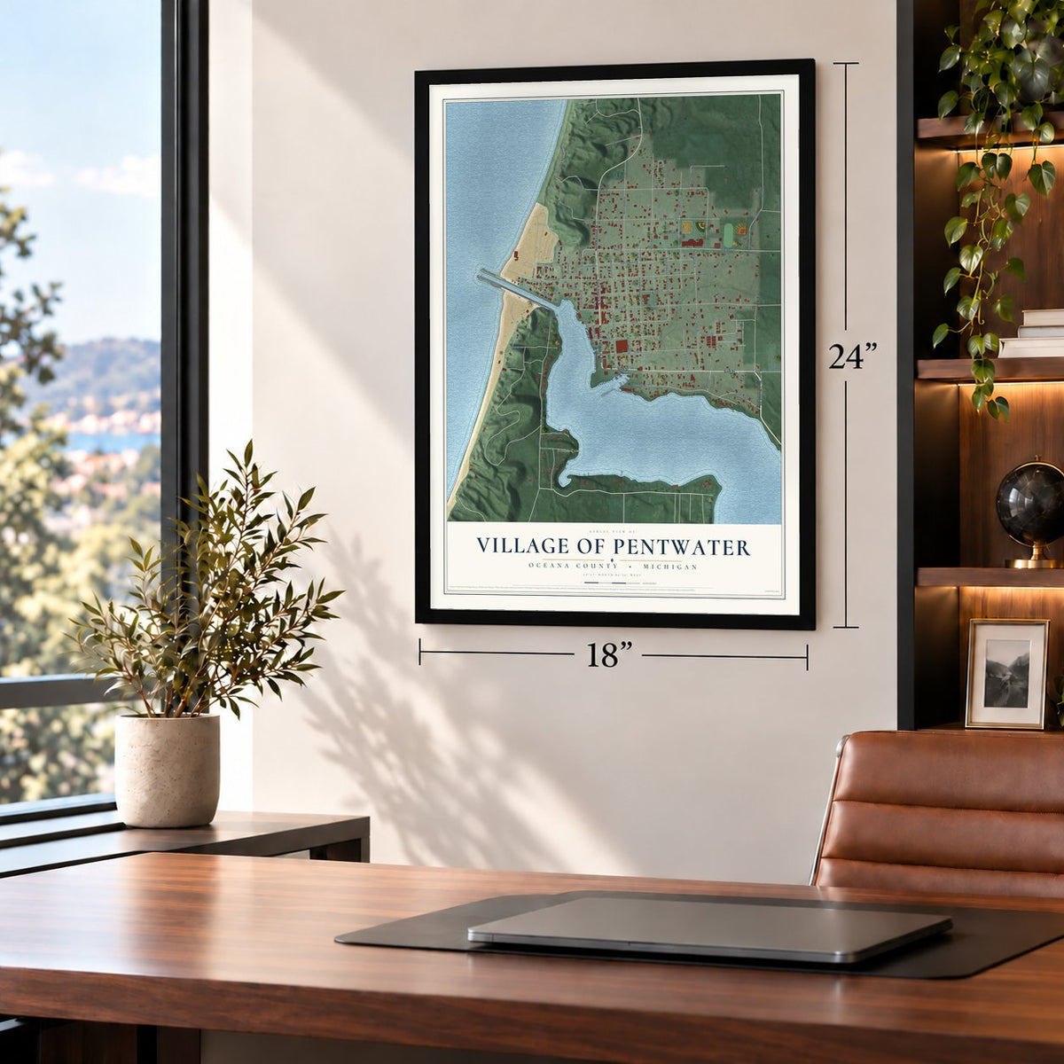 Pentwater, Michigan map, 18 x 24 inch print in a black frame in a home office