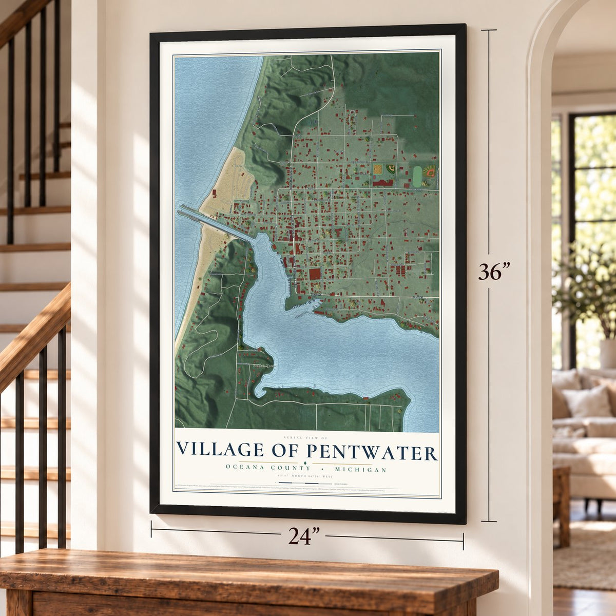 Pentwater, Michigan map, 24 x 36 inch print in a black frame by a staircase
