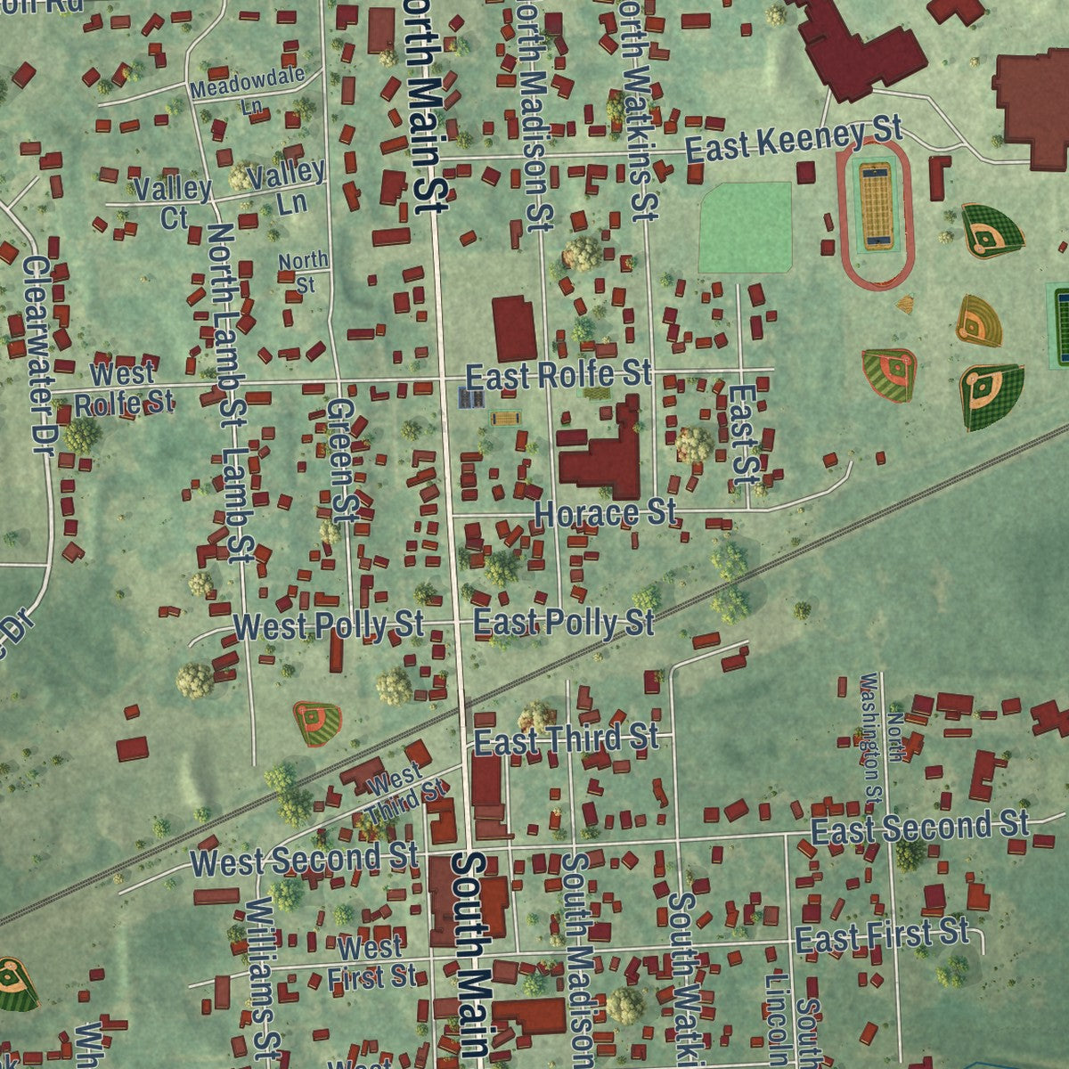 Close-up of the map of Perry, Michigan print showing street and building detail