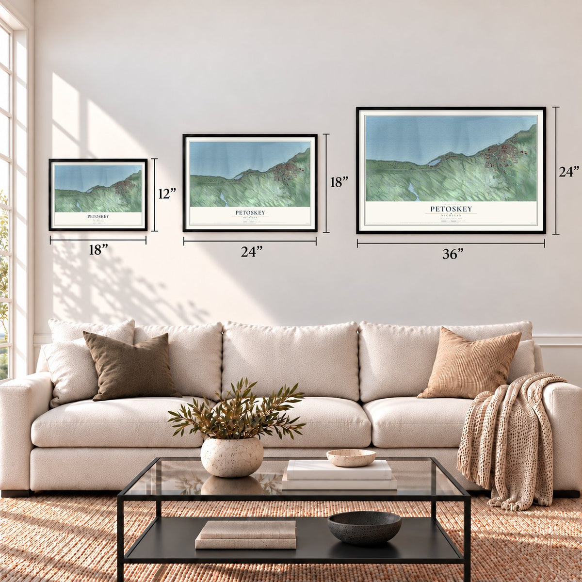 Petoskey, Michigan map in 12 x 18, 18 x 24 and 24 x 36 inch sizes above a sofa