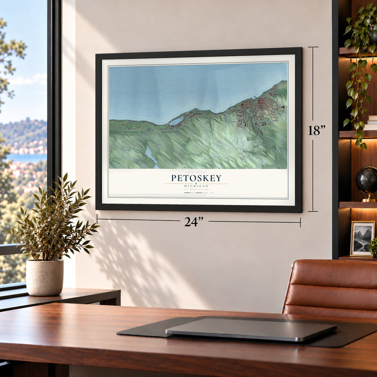 Petoskey, Michigan map, 18 x 24 inch print in a black frame in a home office