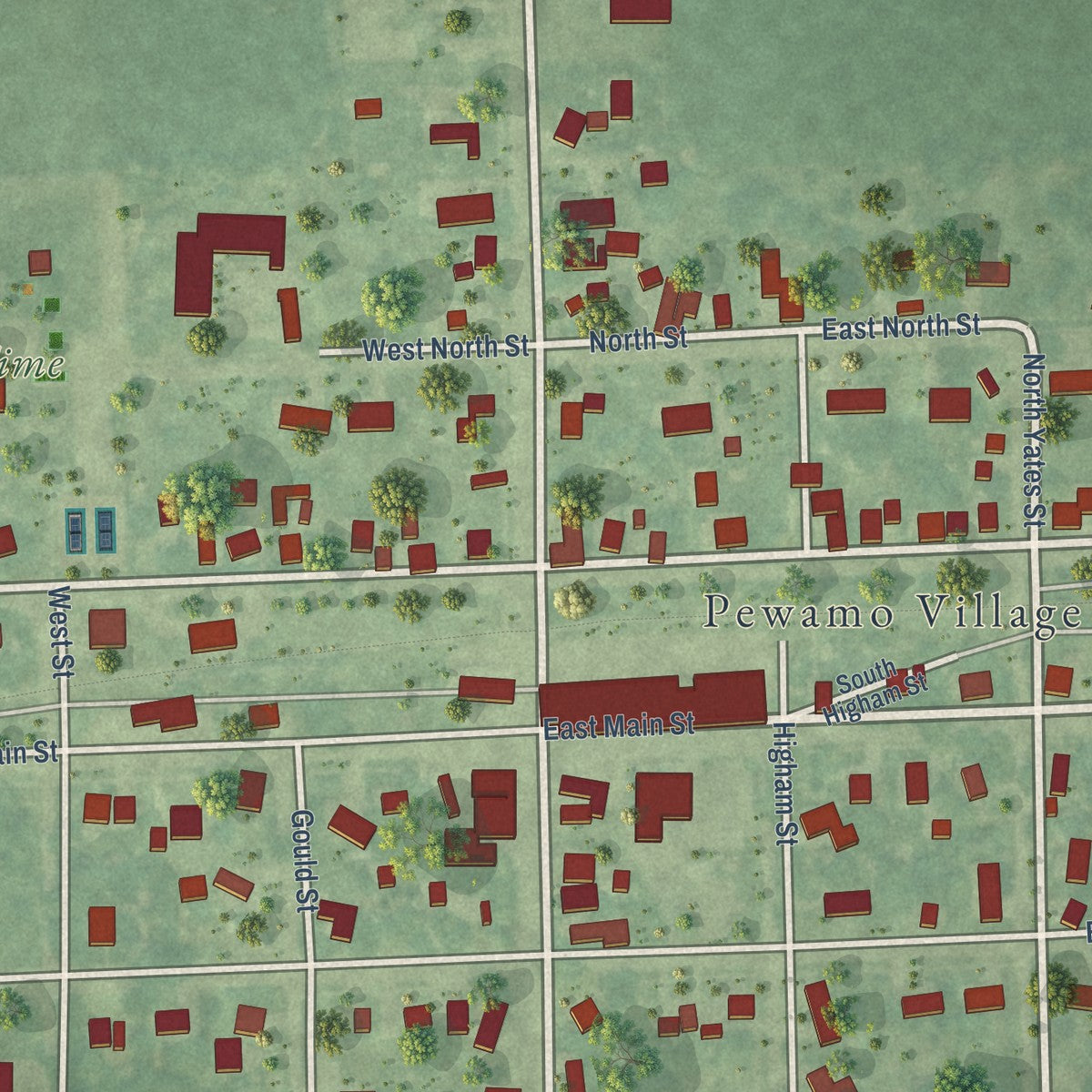 Close-up of the map of Pewamo, Michigan print showing street and building detail