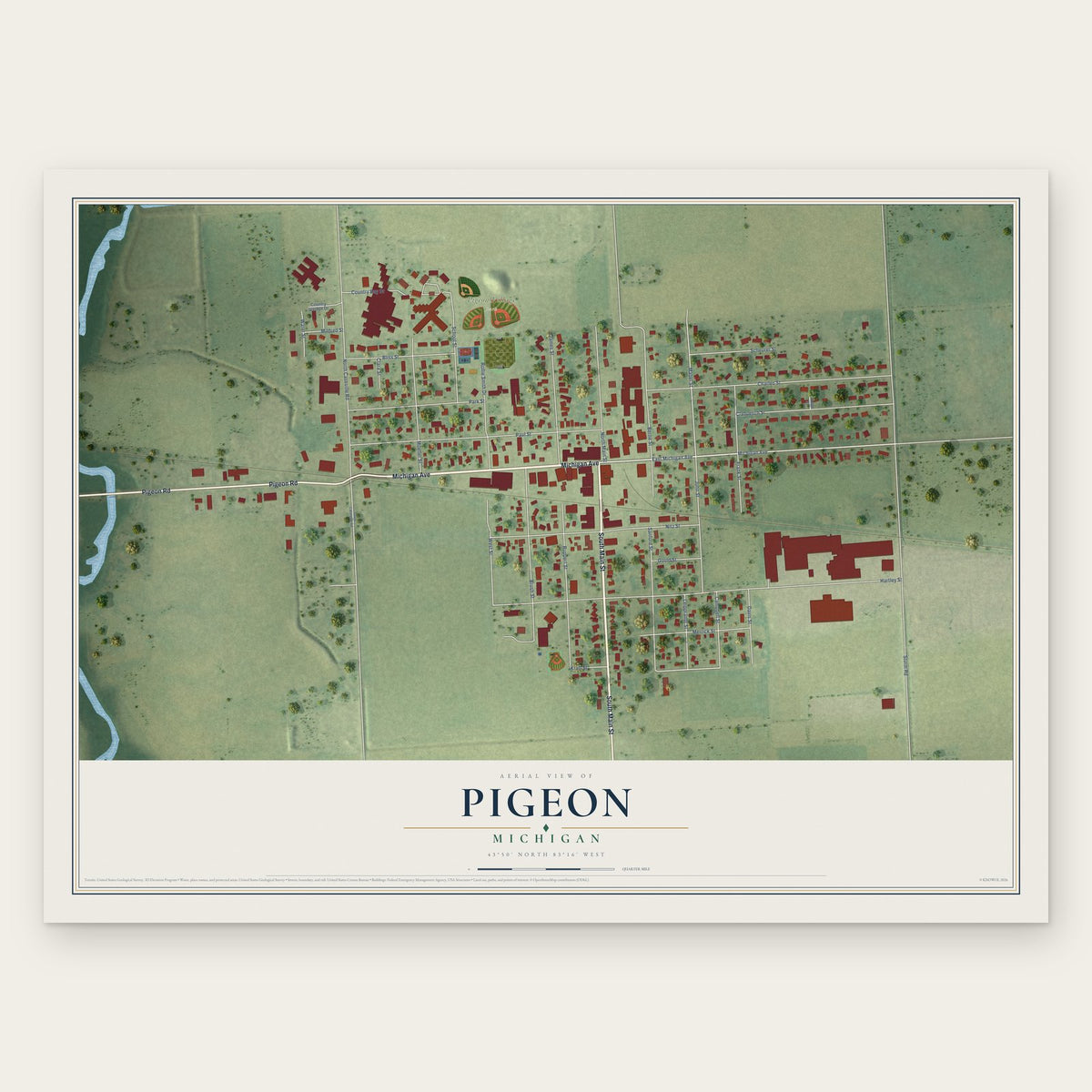 Pigeon, Michigan map print, the full design