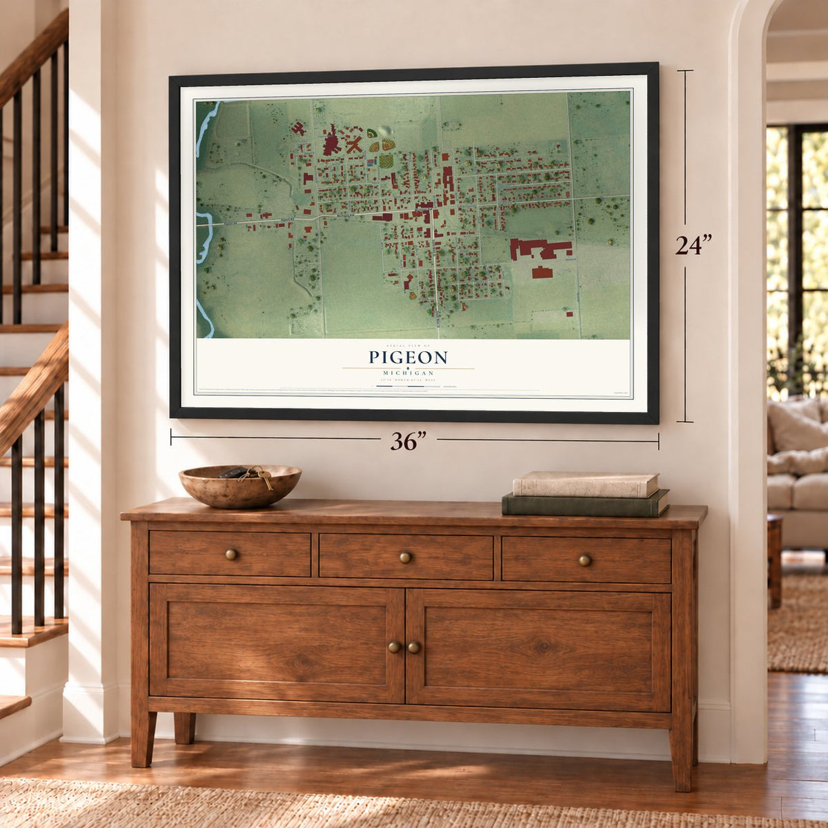 Pigeon, Michigan map, 24 x 36 inch print in a black frame above a dresser by a staircase