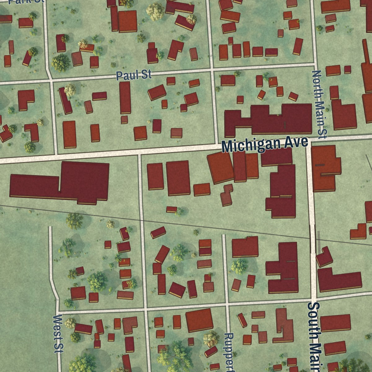 Close-up of the map of Pigeon, Michigan print showing street and building detail