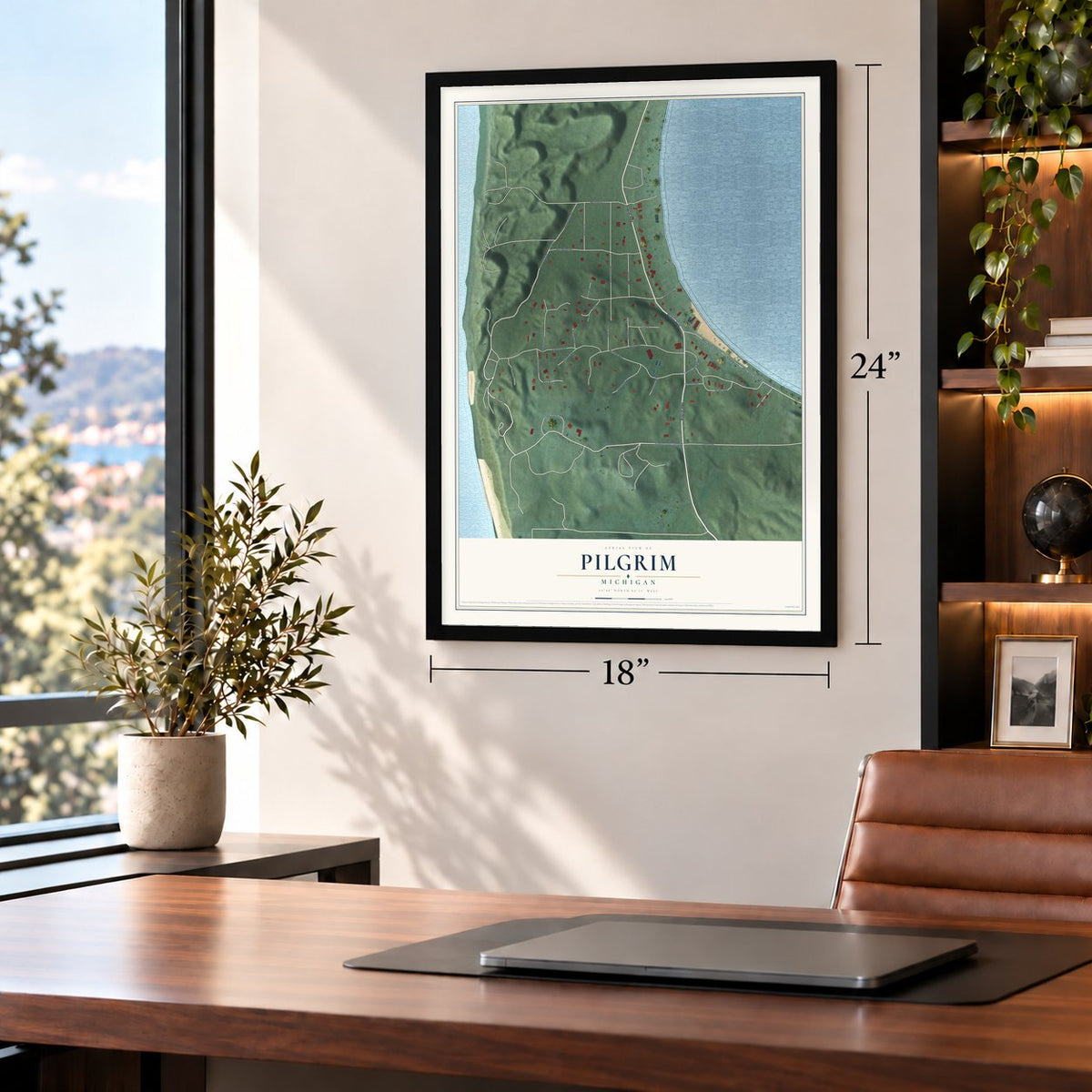 Pilgrim, Michigan map, 18 x 24 inch print in a black frame in a home office