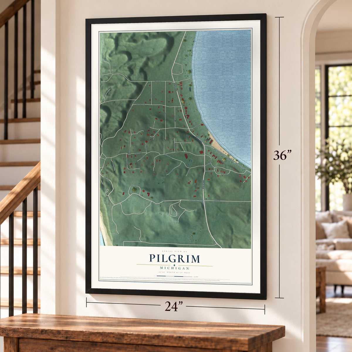 Pilgrim, Michigan map, 24 x 36 inch print in a black frame by a staircase