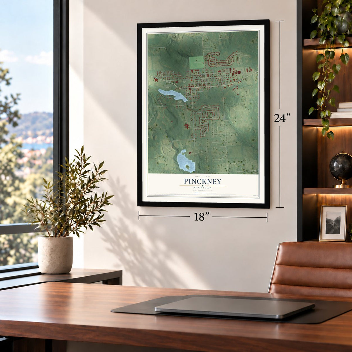 Pinckney, Michigan map, 18 x 24 inch print in a black frame in a home office