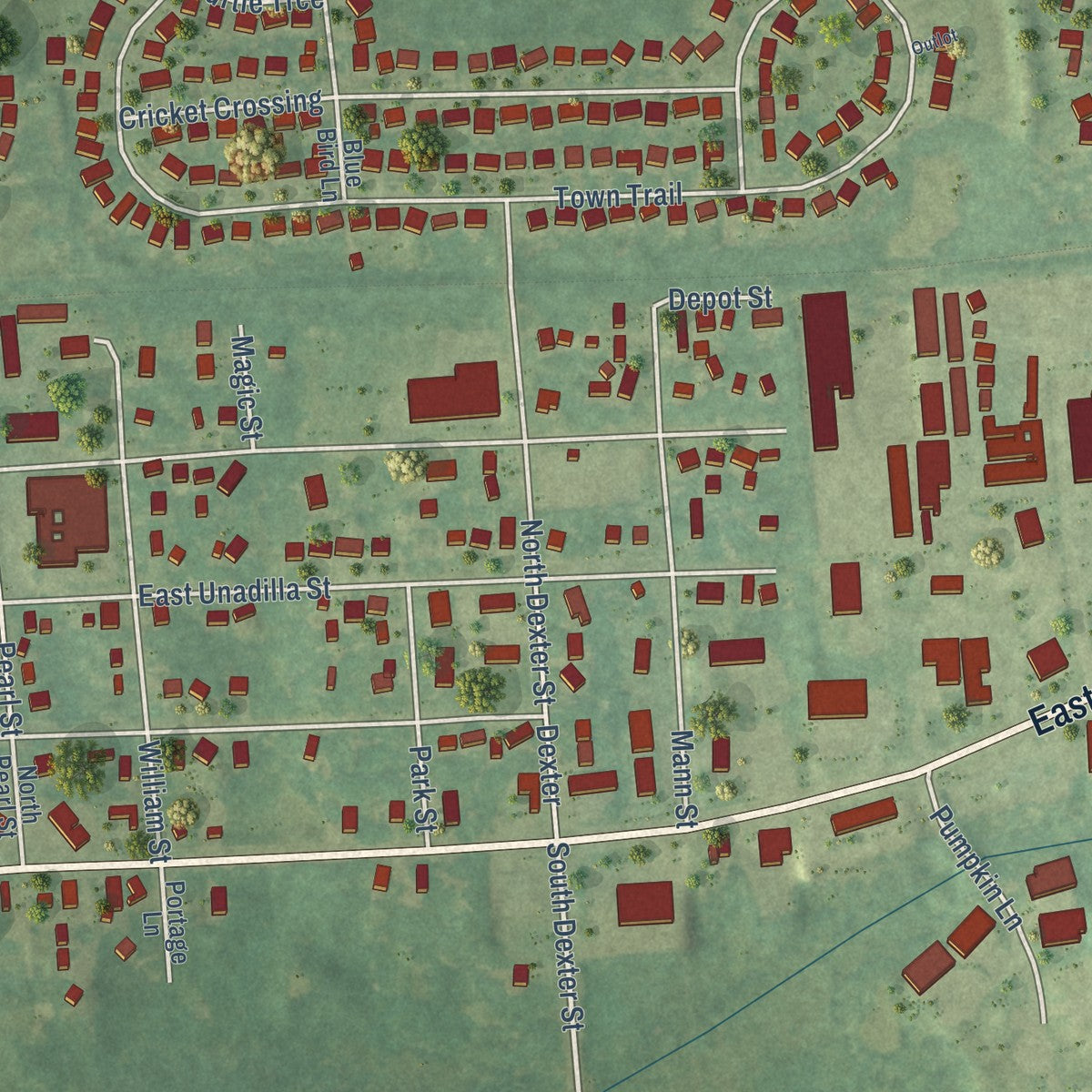 Close-up of the map of Pinckney, Michigan print showing street and building detail