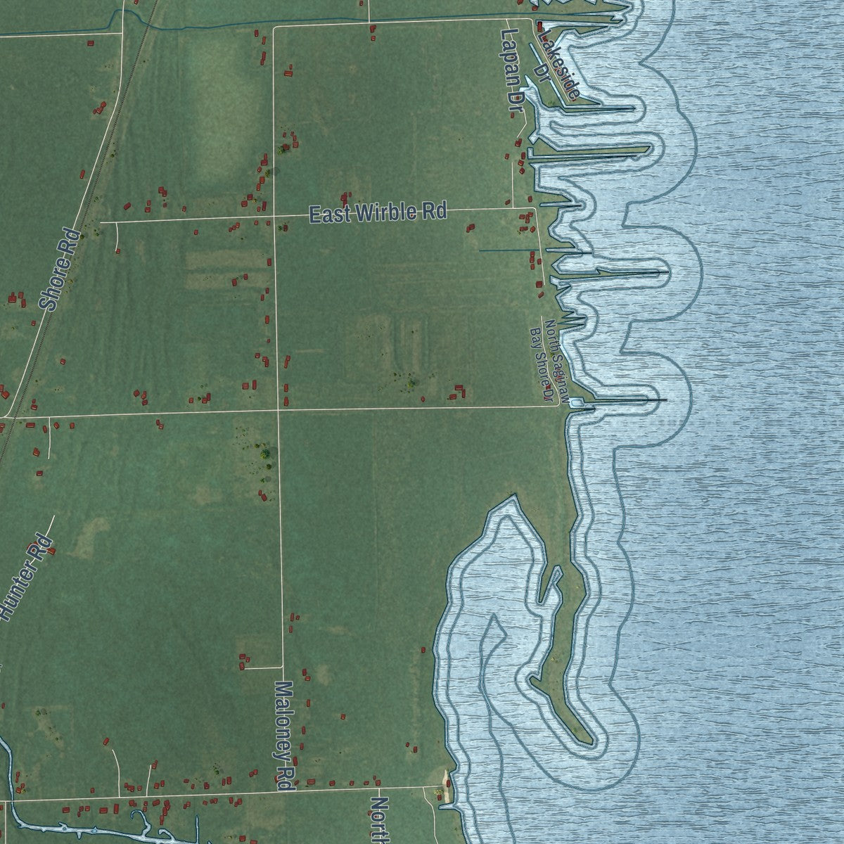 Close-up of the map of Pinconning, Bay County, Michigan print showing street and building detail