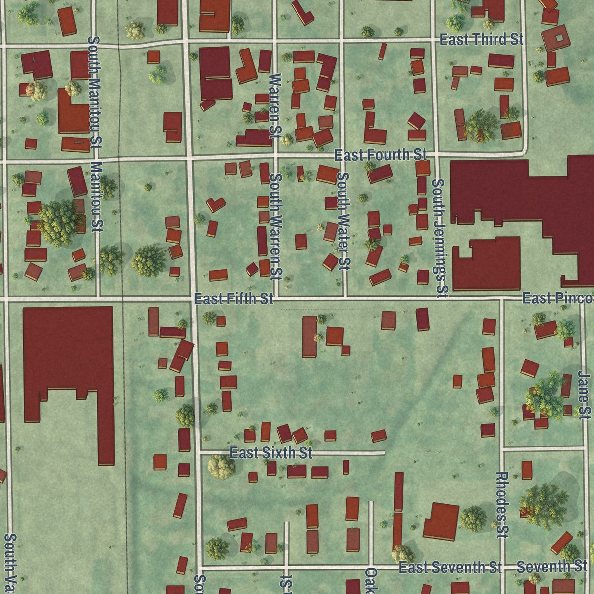 Close-up of the map of Pinconning, Michigan print showing street and building detail