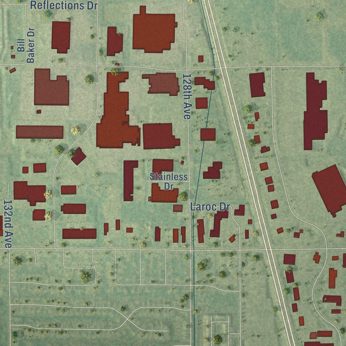 Close-up of the map of Pine Creek, Michigan print showing street and building detail