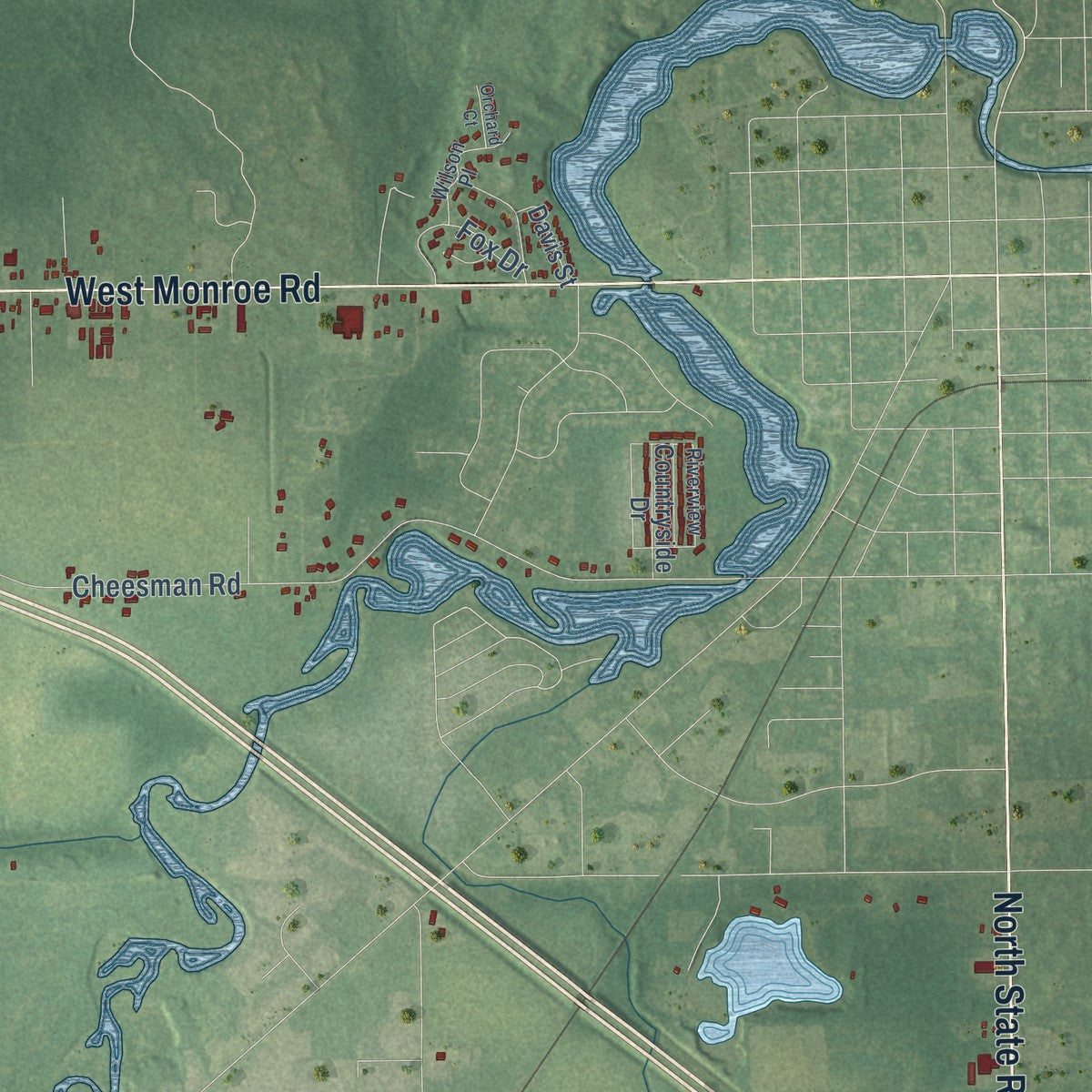 Close-up of the map of Pine River, Michigan print showing street and building detail