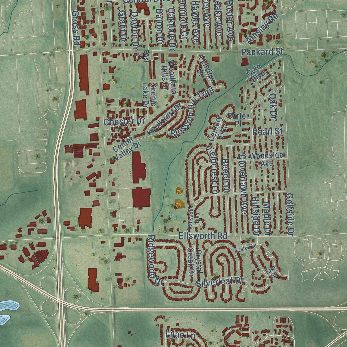 Close-up of the map of Pittsfield, Michigan print showing street and building detail