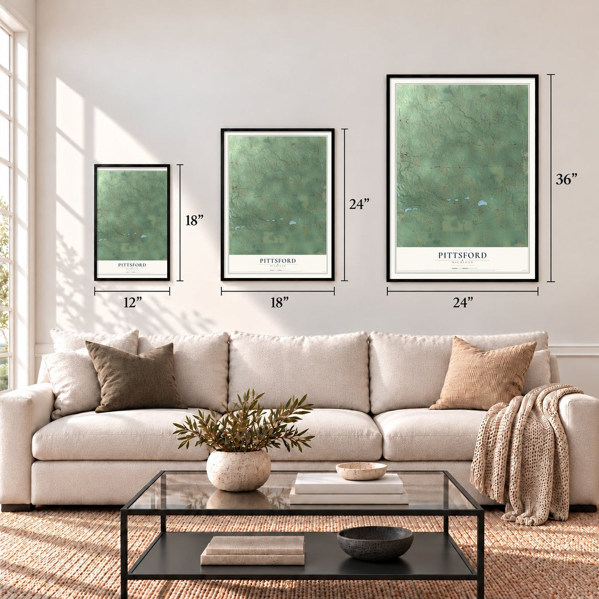 Pittsford, Michigan map in 12 x 18, 18 x 24 and 24 x 36 inch sizes above a sofa