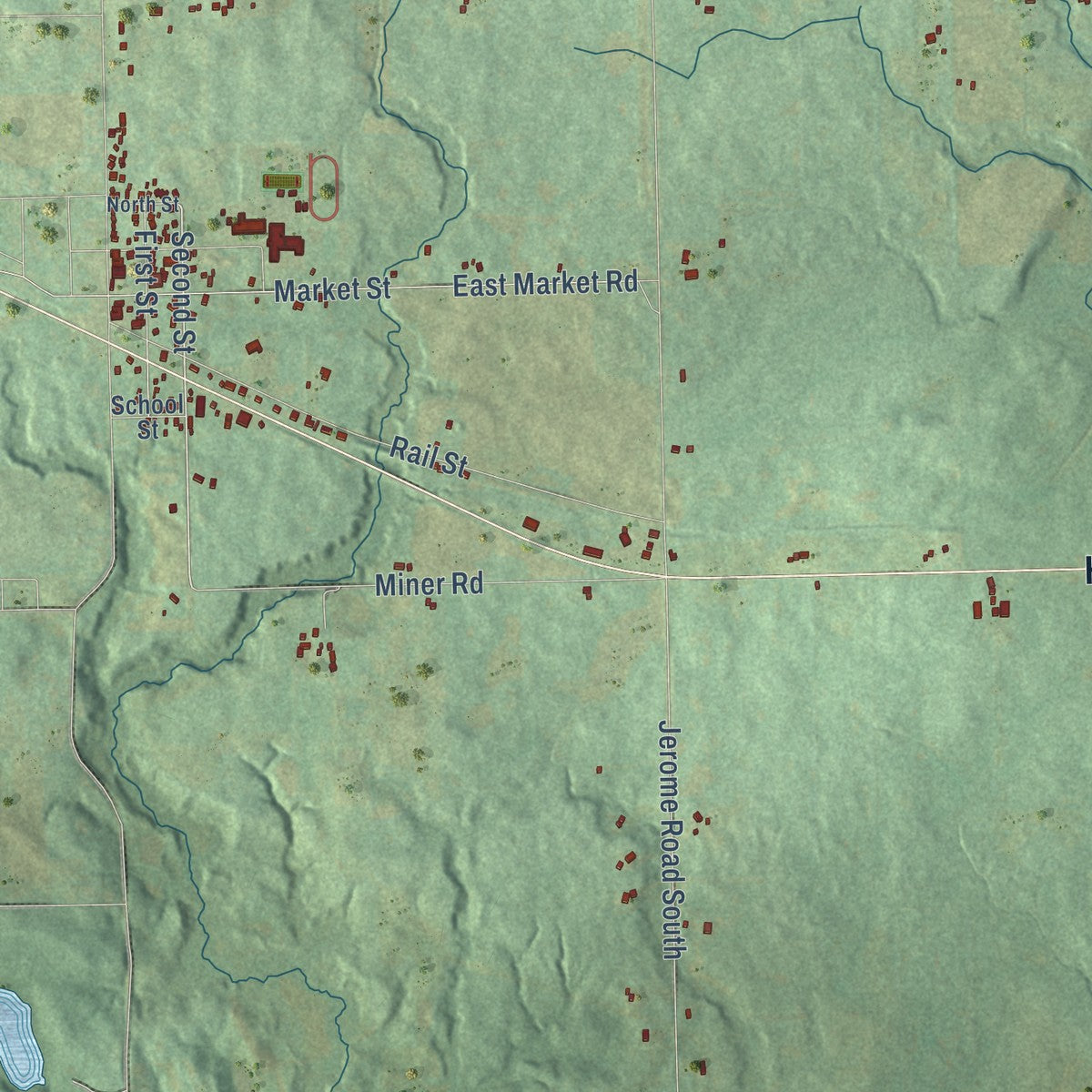Close-up of the map of Pittsford, Michigan print showing street and building detail