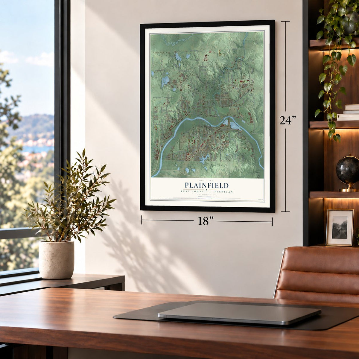 Plainfield, Kent County, Michigan map, 18 x 24 inch print in a black frame in a home office
