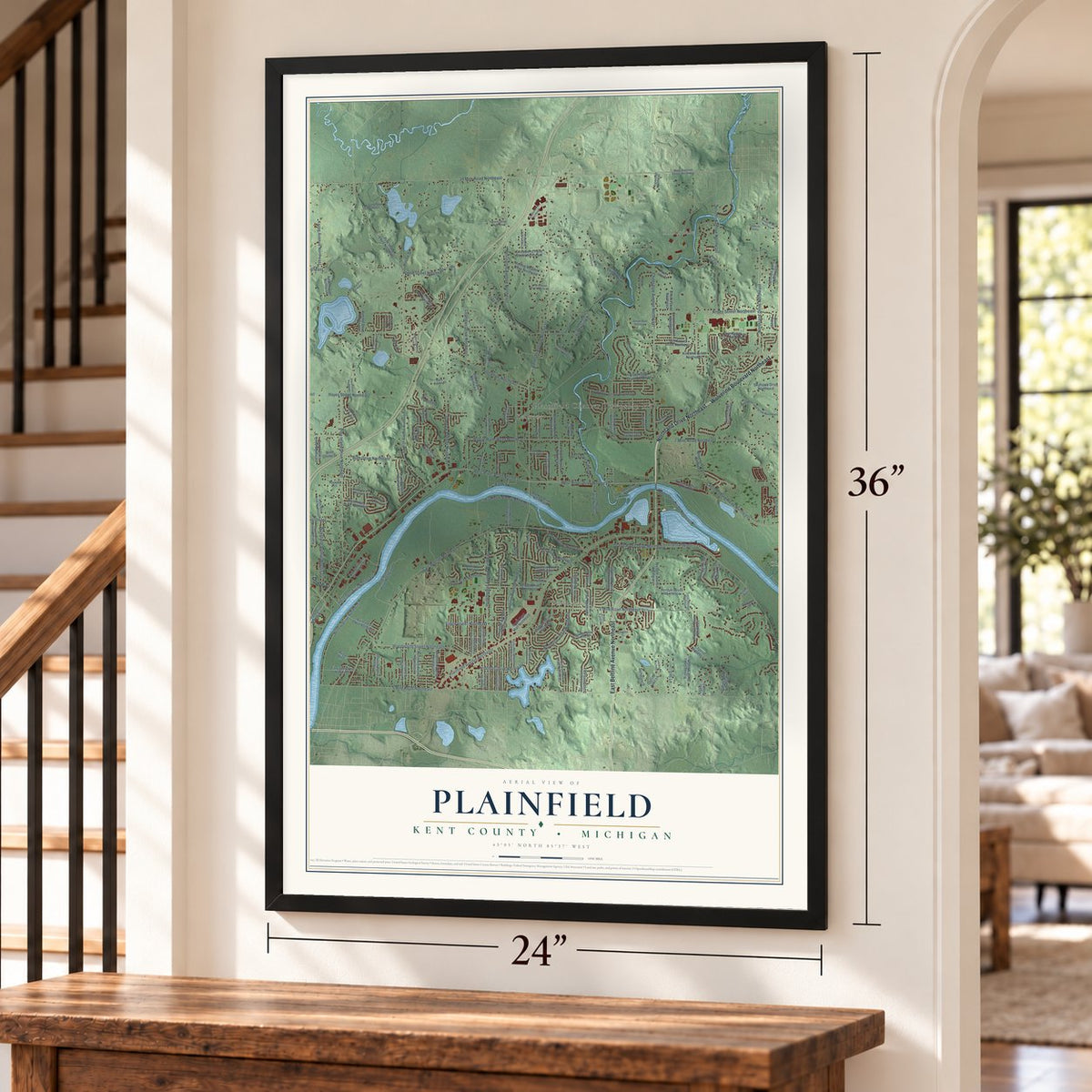 Plainfield, Kent County, Michigan map, 24 x 36 inch print in a black frame by a staircase