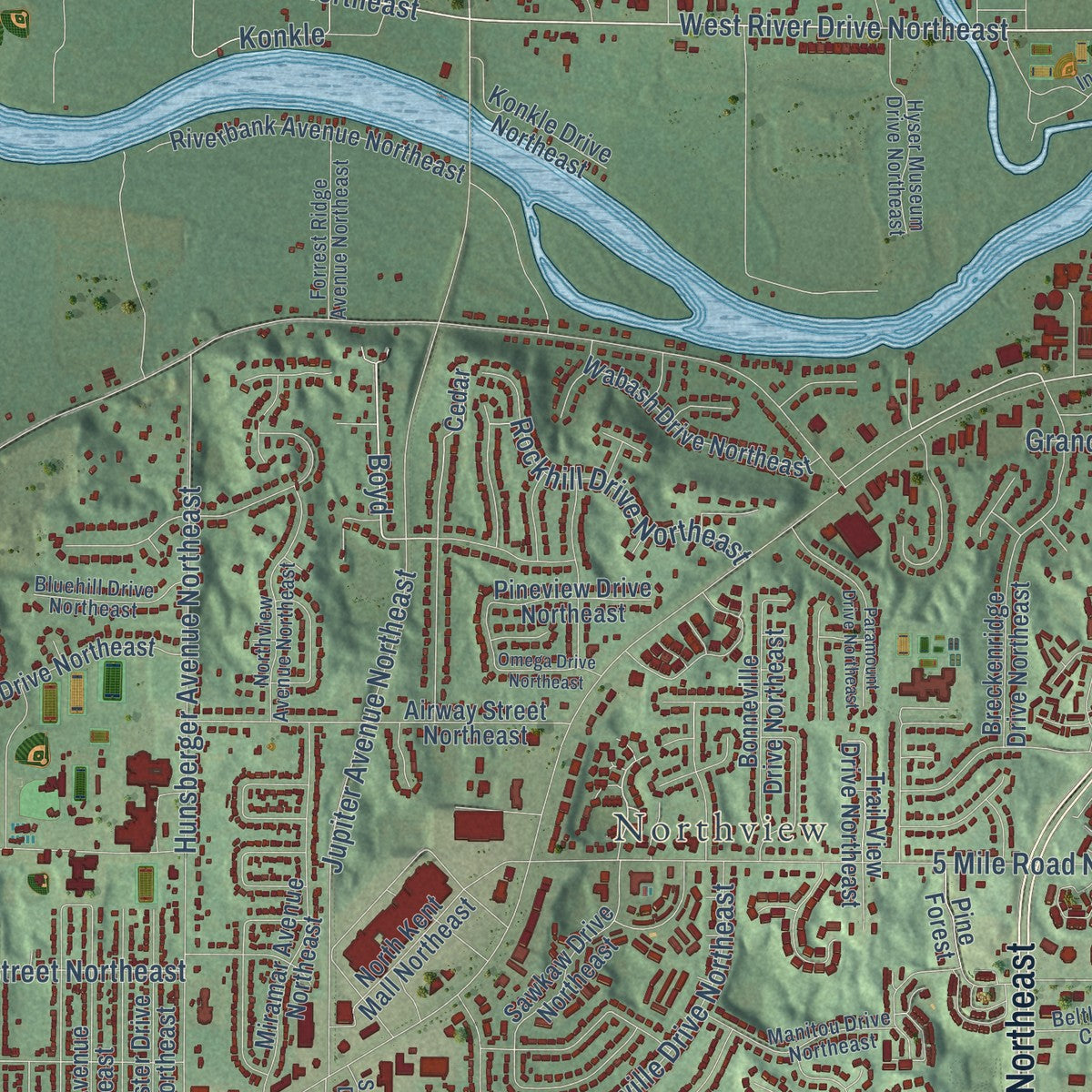 Close-up of the map of Plainfield, Kent County, Michigan print showing street and building detail