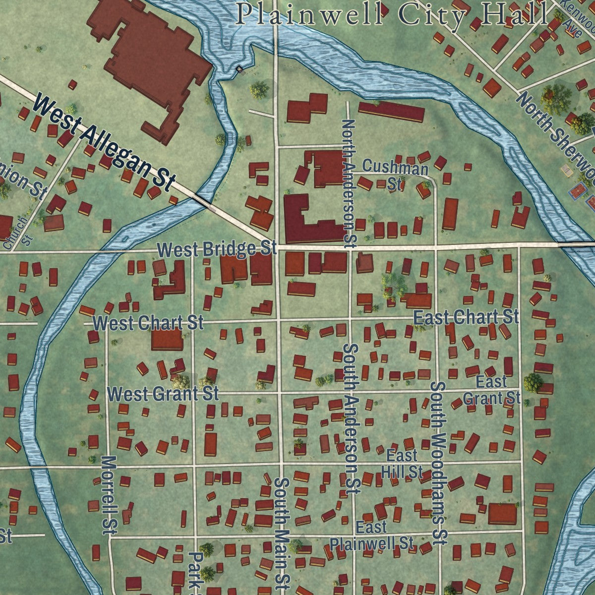 Close-up of the map of Plainwell, Michigan print showing street and building detail