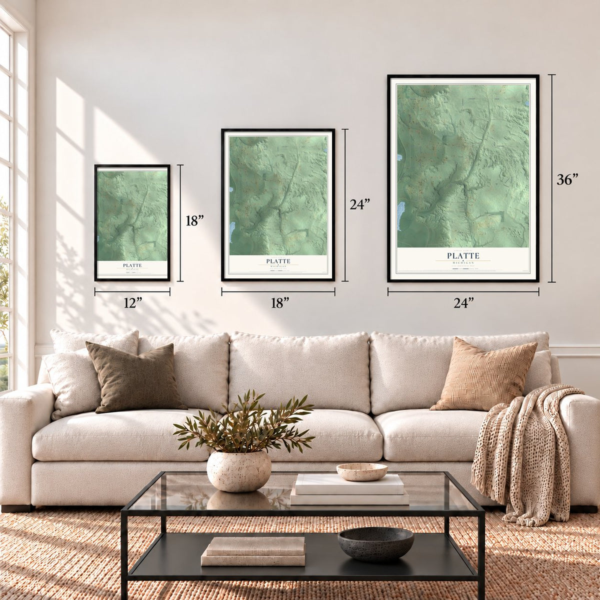 Platte, Michigan map in 12 x 18, 18 x 24 and 24 x 36 inch sizes above a sofa
