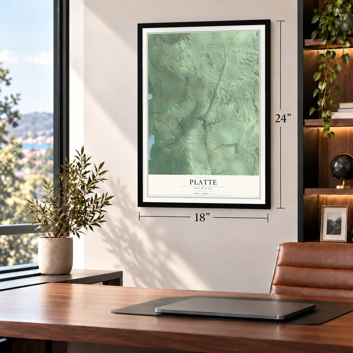 Platte, Michigan map, 18 x 24 inch print in a black frame in a home office