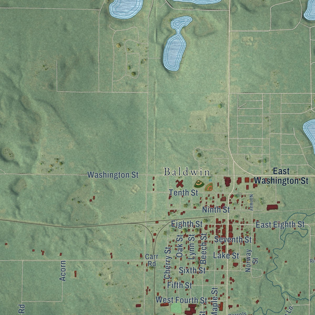 Close-up of the map of Pleasant Plains, Michigan print showing street and building detail