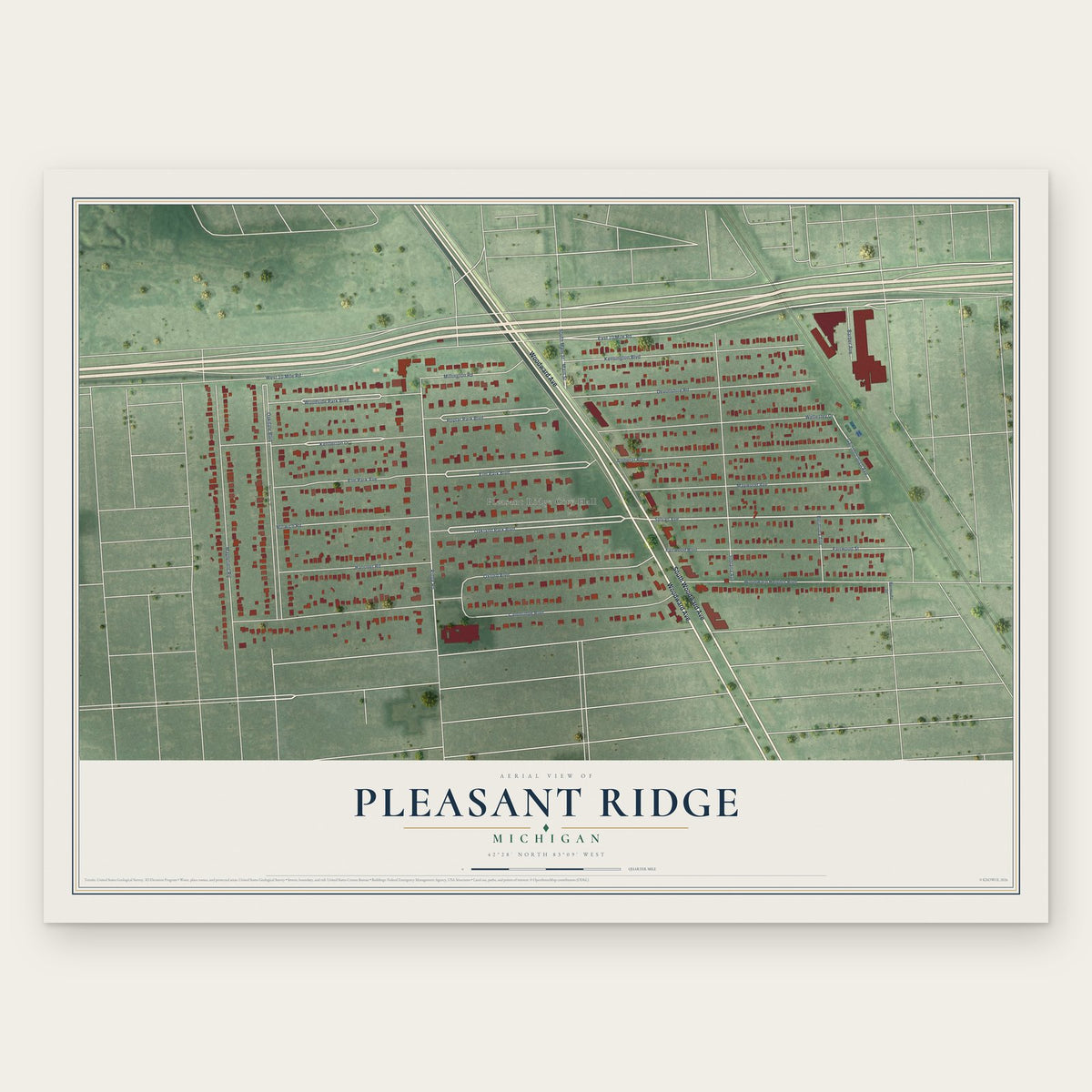 Pleasant Ridge, Michigan map print, the full design