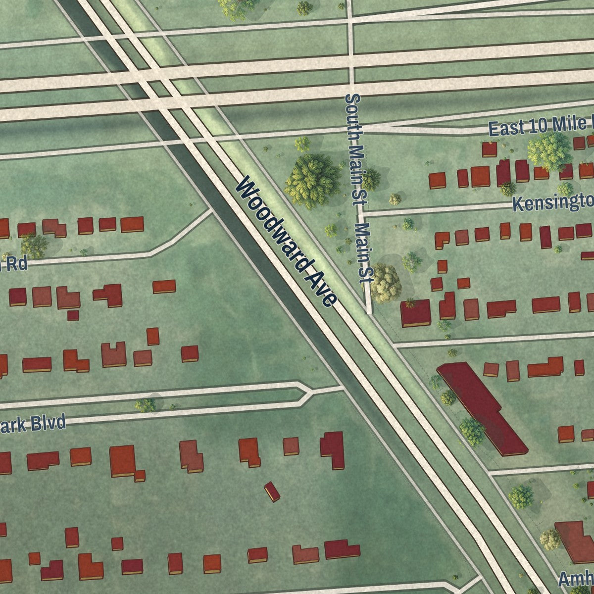 Close-up of the map of Pleasant Ridge, Michigan print showing street and building detail